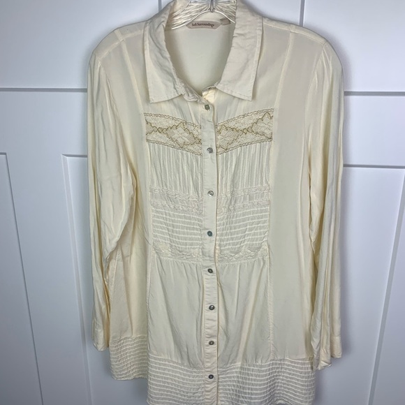 Soft Surroundings MEDIUM Ivory Tunic Blouse Button Front Lace Embroidered Fairy - Picture 3 of 8